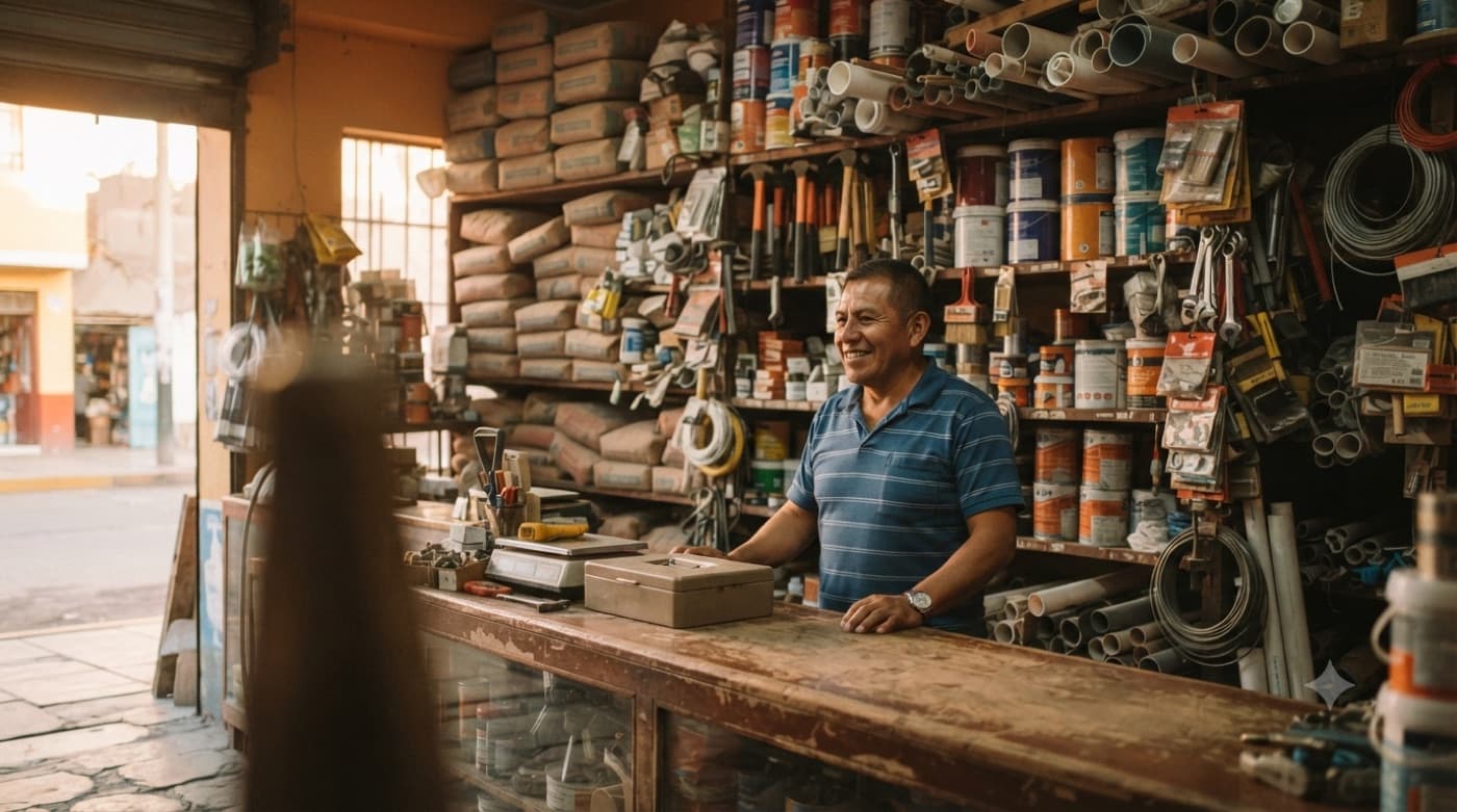 Dueño de ferretería atendiendo en su mostrador